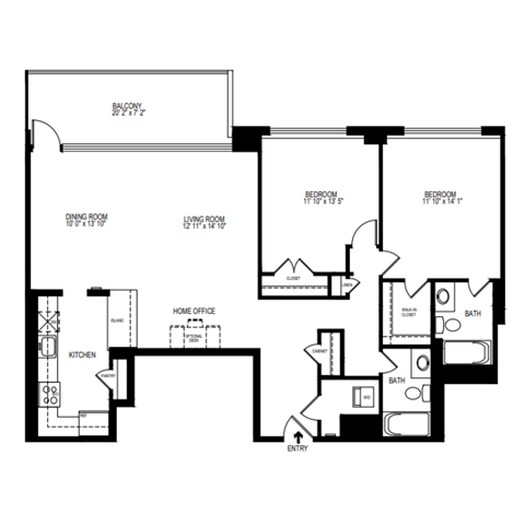 Floor plan for 2 beds, 1 bath, 1223 sqft